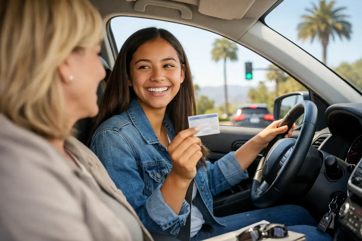 Smiling teen in a car holds a learner permit while an adult supervisor sits beside them.