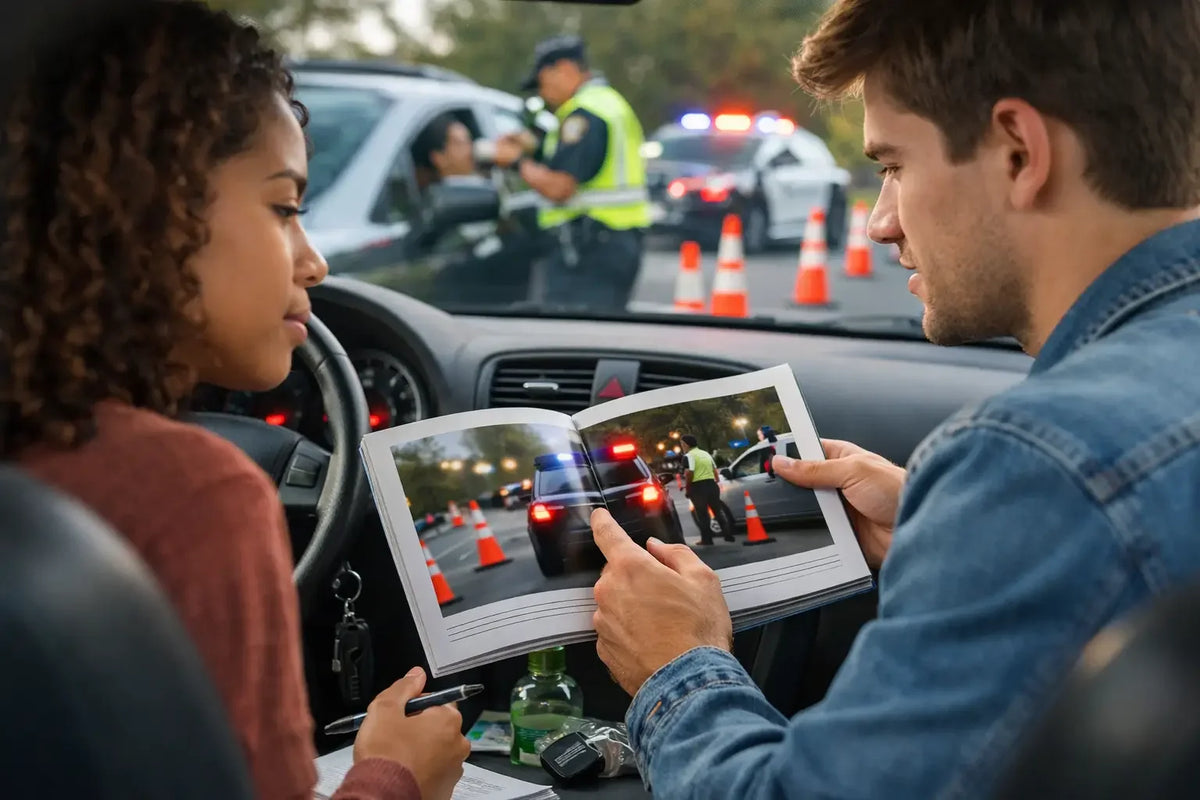 Driver points toward a roadside police stop with flashing lights while a passenger watches from the car.