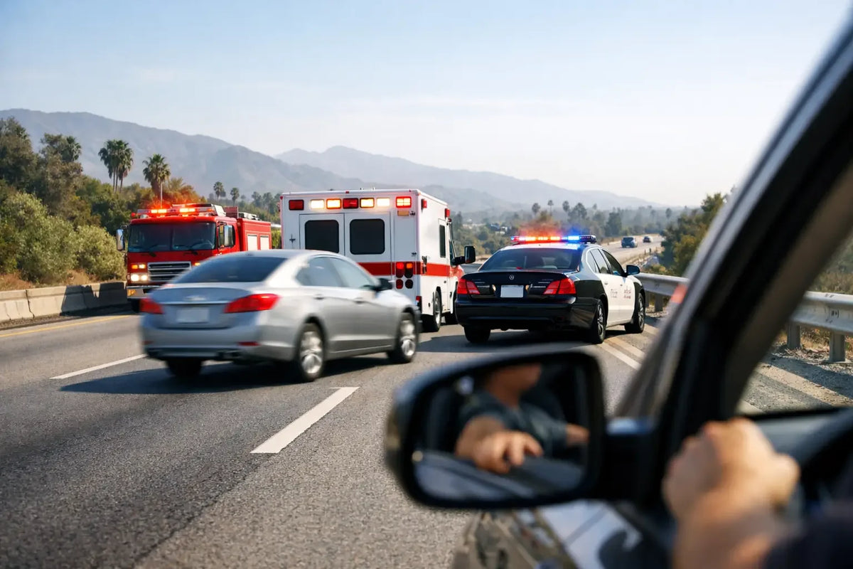 Traffic passes a police cruiser and ambulance with emergency lights on a highway.