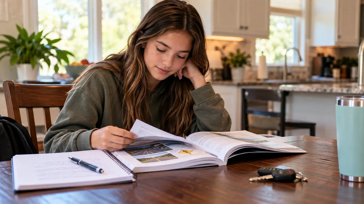 Teenage student reading a driving handbook at home