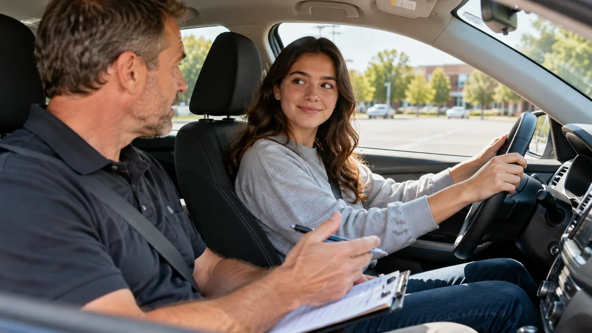 Young adult taking driving lesson with an instructor