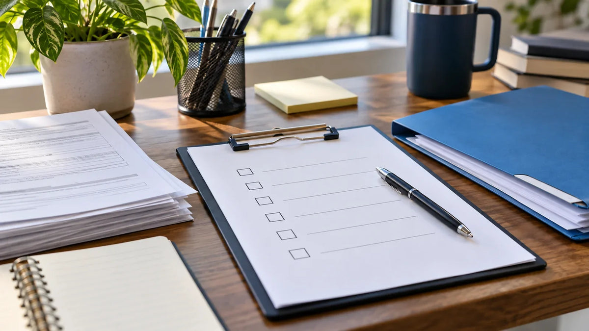 Blank permit preparation checklist and organized paperwork