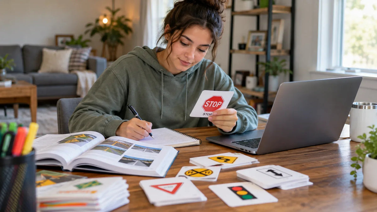 Student using road sign flashcards for a written driving test