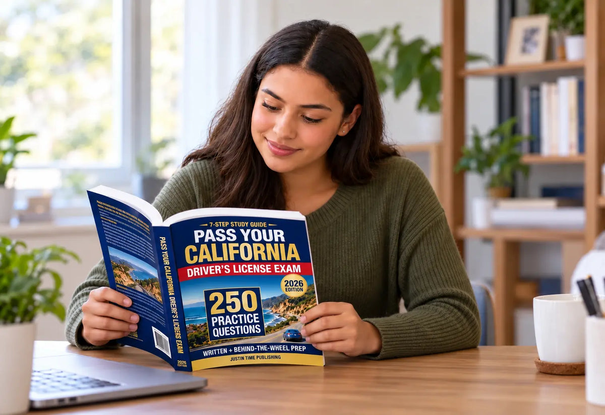 A learner studies the California driver-license guide, holding the book open with both hands.