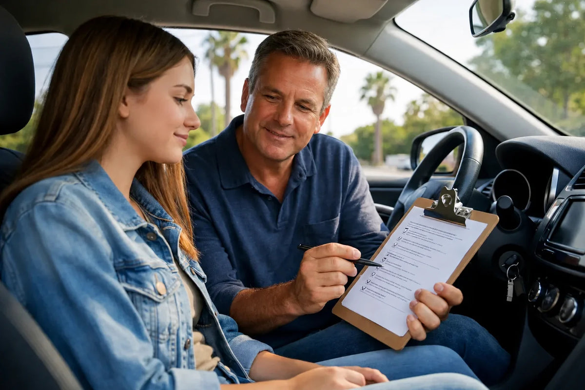Driving instructor reviews a behind-the-wheel test checklist with a student in a car.