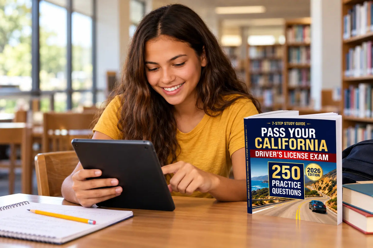 A teen uses a tablet for California DMV practice questions with a driver-test study guide at a library table.