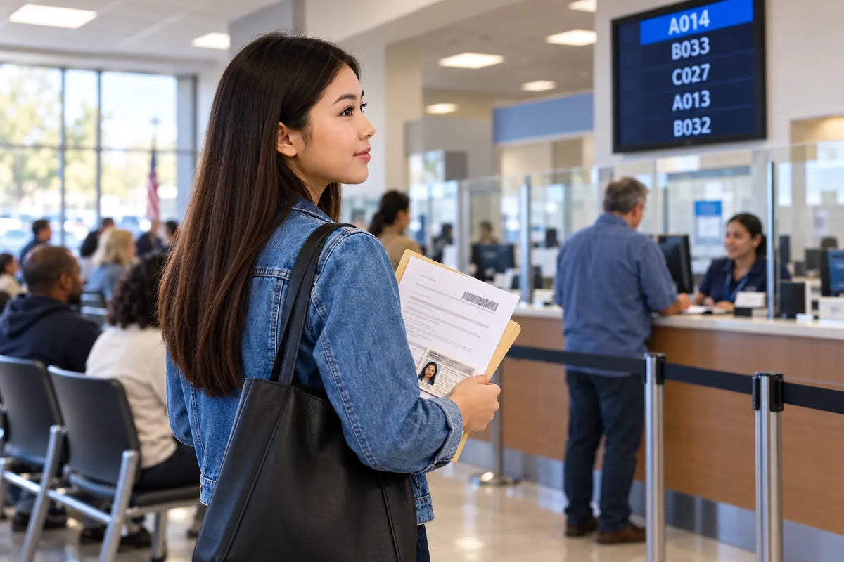 A DMV applicant waits at a check-in counter with appointment paperwork and identification.
