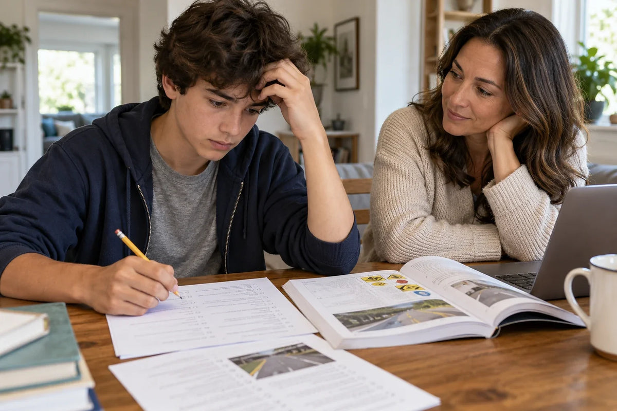 Teen learner pauses over a driving practice quiz while a parent offers support.