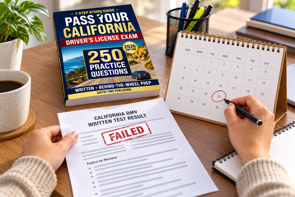 A retake calendar and California DMV written-test result sheet beside a driver-test study guide.