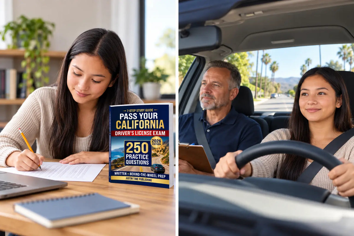A learner studies with a California driver-test guide beside a separate road-test scene with an instructor.