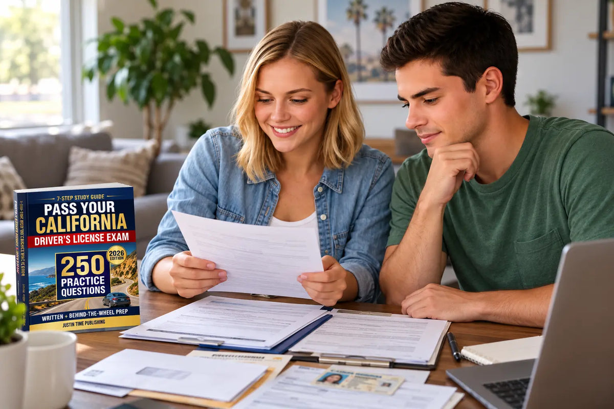 Adult new residents review California license paperwork beside a California driver-test study guide.