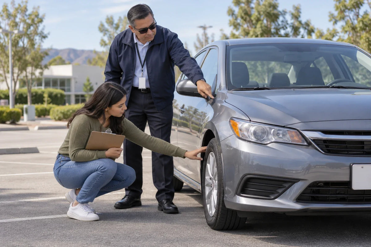 Learner and examiner inspect a car tire before a California driving test.