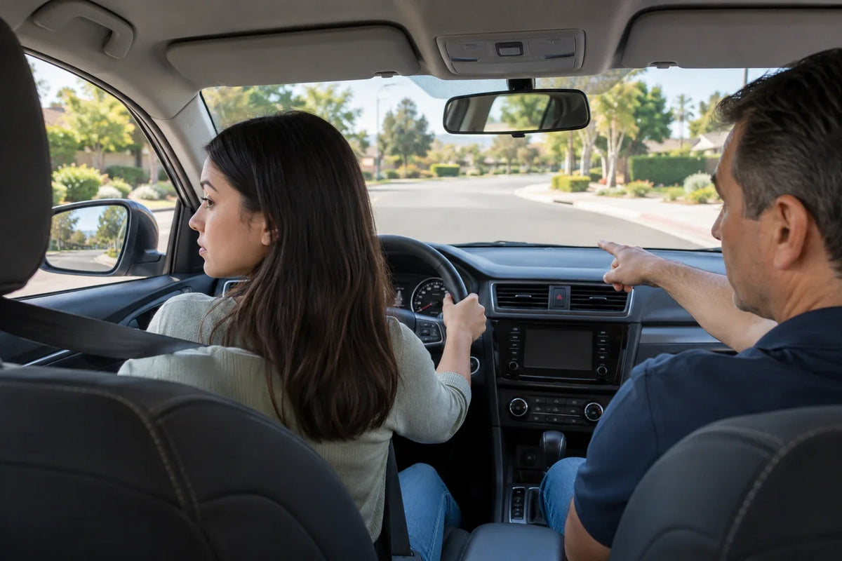 Driving instructor coaches a learner during a California road test on a quiet residential street.
