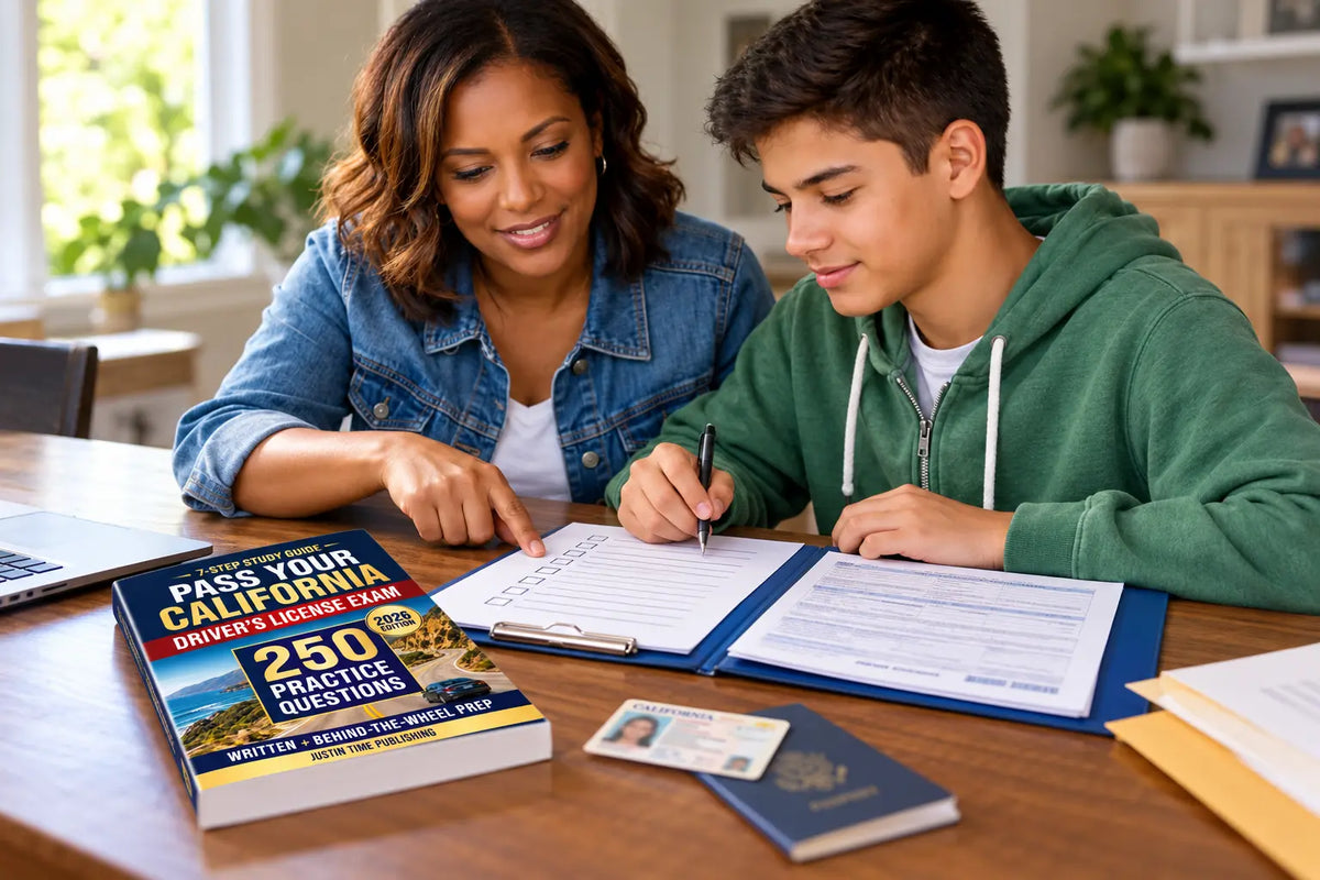 A parent and teen review a California learner-permit checklist, application papers, and study guide.