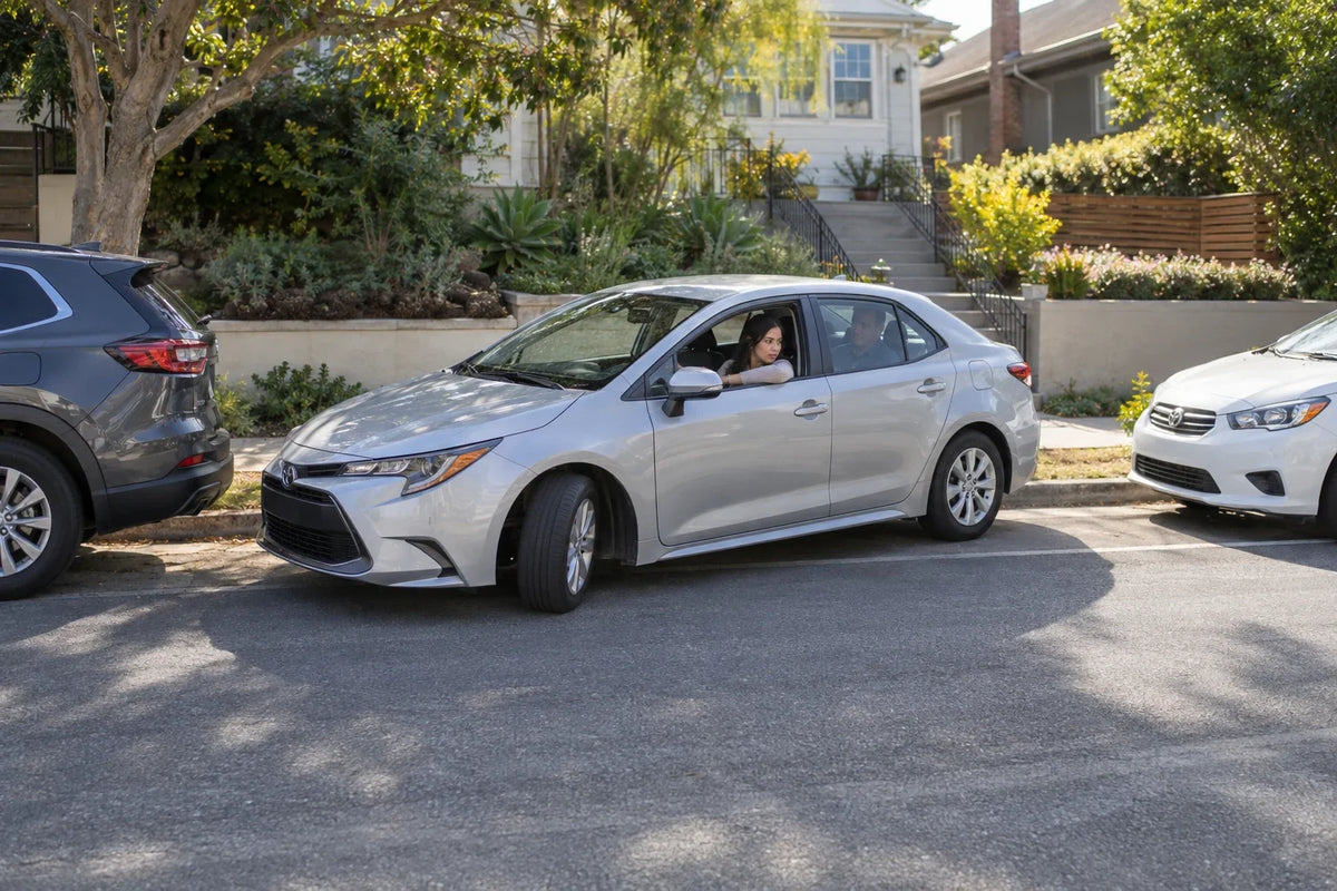 Learner driver practices parallel parking between two cars on a California residential street with an instructor.