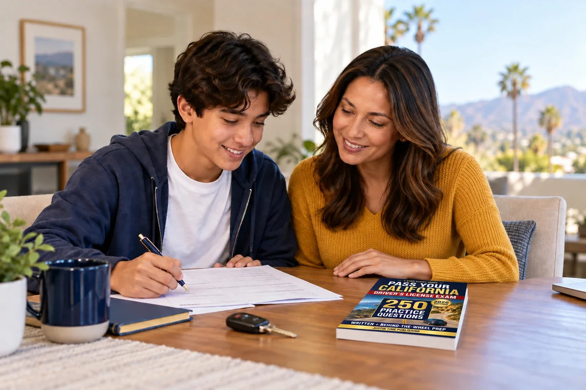 Mother and teen learner review DMV paperwork beside a closed California driver’s license exam study guide resting on the table.