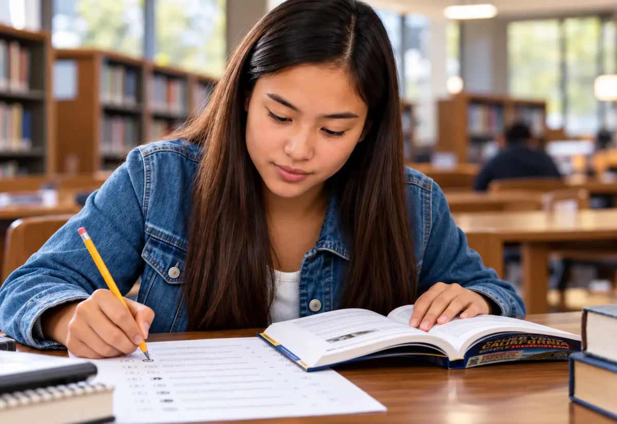 A teen studies California permit test questions at a library with her study guide open naturally on the table.
