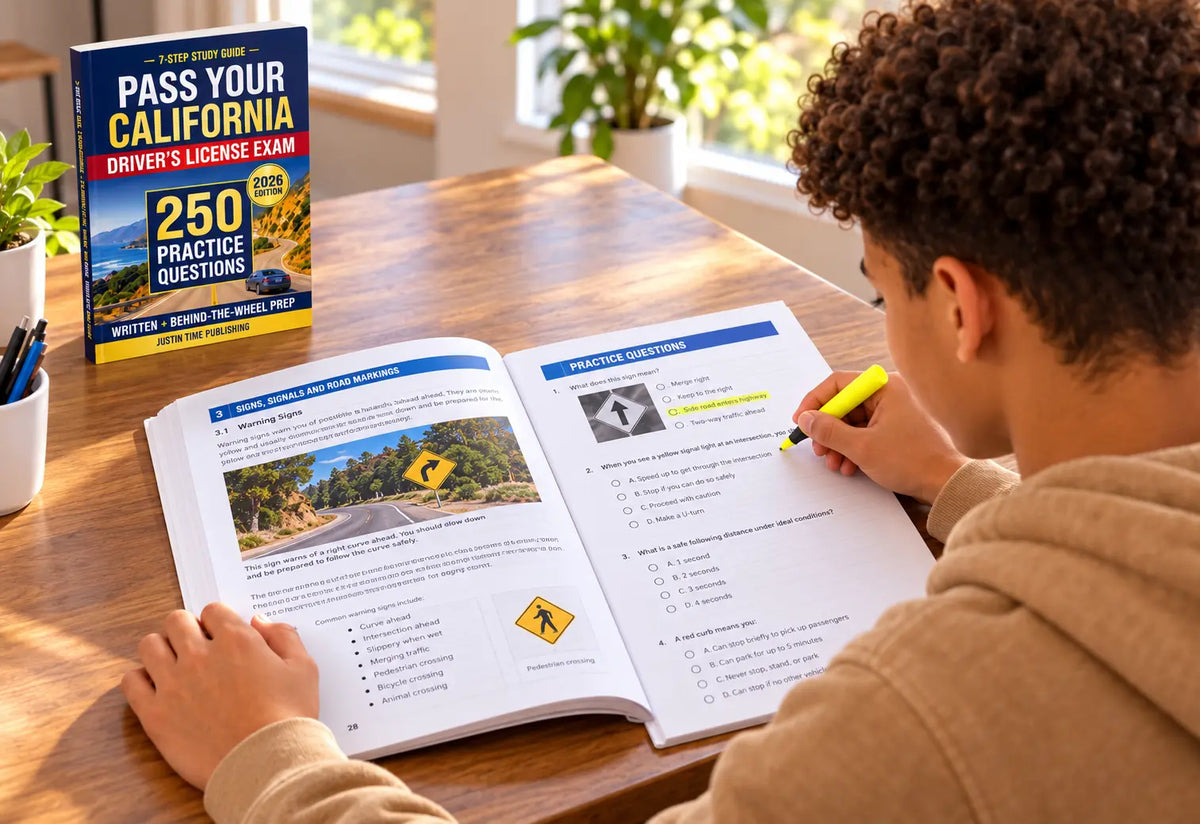 A student studies California permit questions in a worksheet and open driver-test guide positioned toward him.