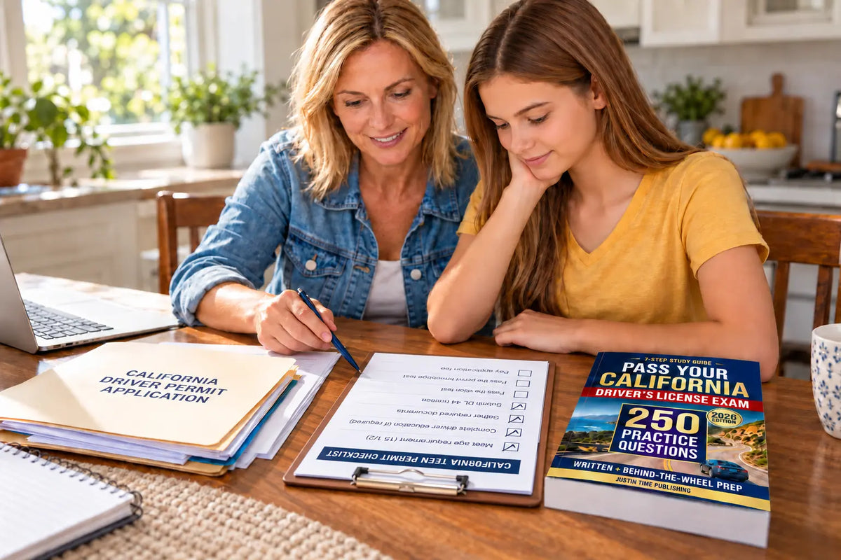 A teen and parent review a California permit checklist on a clipboard positioned toward the teen, beside a driver test study guide.