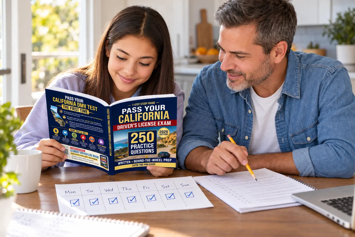 A parent and teen use a weekly calendar and California study guide to plan seven days of permit-test study.