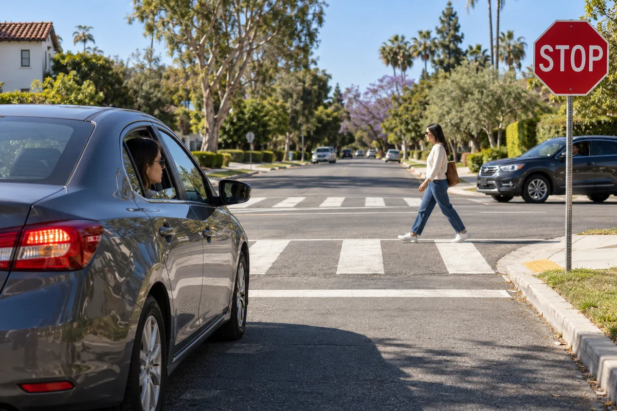 Driver yields at a stop sign while a pedestrian crosses a marked crosswalk.