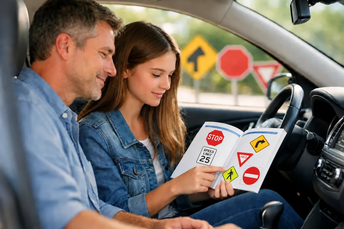 Student reviews U.S. road signs, including stop, yield, and speed limit signs, with an instructor in a car