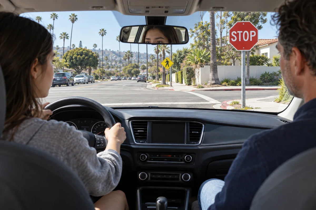 Learner and instructor look toward a STOP sign and pedestrian-crossing warning sign from a car at a neighborhood intersection.