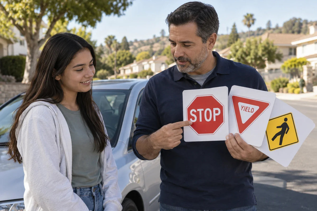 Teen and instructor practice recognizing U.S. stop, yield, and pedestrian signs on study cards beside a car.