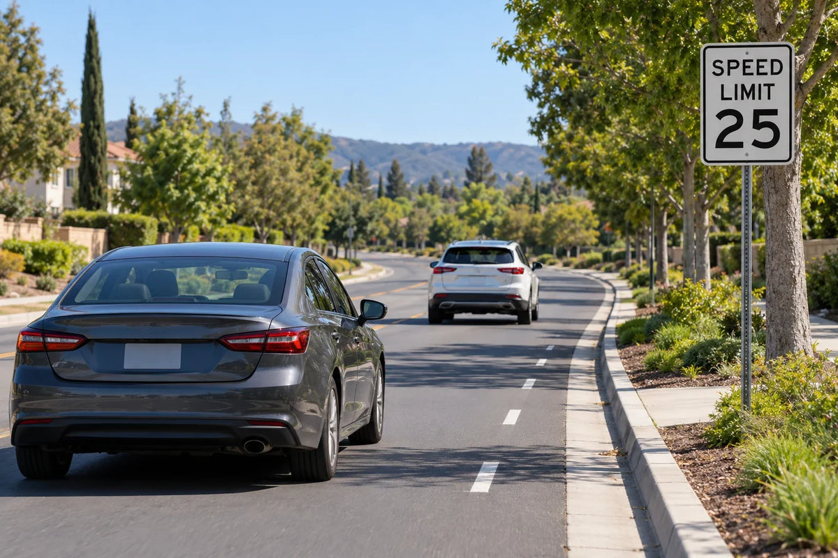 Two cars maintain a safe following distance beneath a U.S. speed limit 25 sign on a California street.
