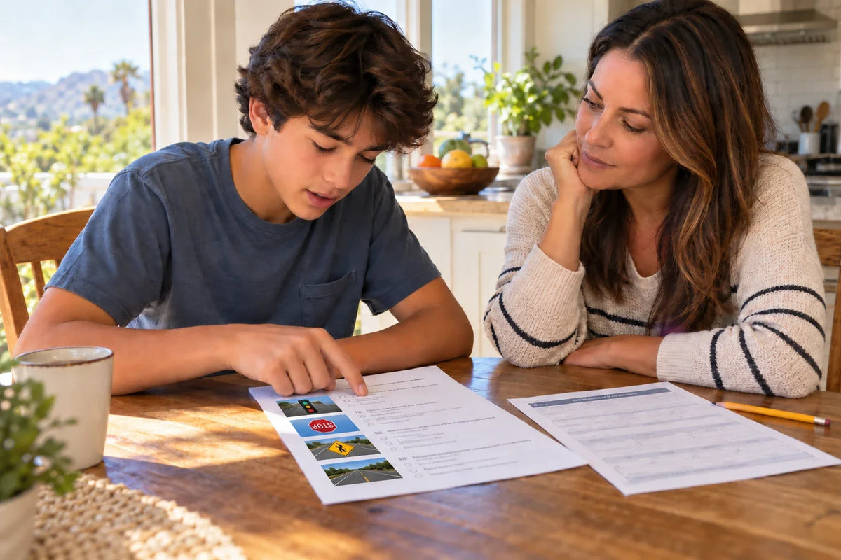 Teen and parent review California DMV written test practice questions at a kitchen table.