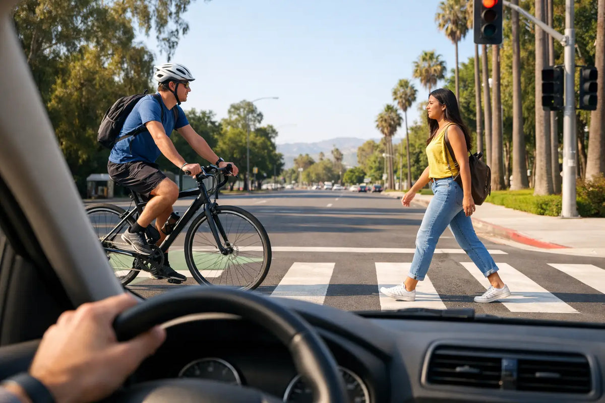Cyclist and pedestrian approach a marked crosswalk as a driver yields.