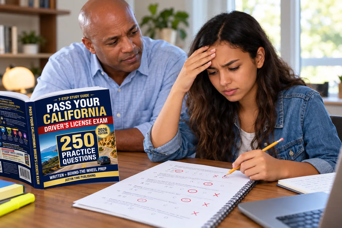 A teen and parent review incorrect California DMV practice answers beside a driver-test study guide.