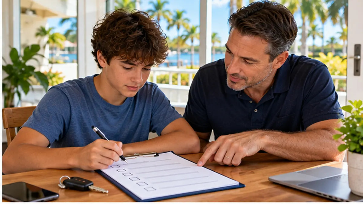 Father and teen organizing beginner driving practice checklist at home