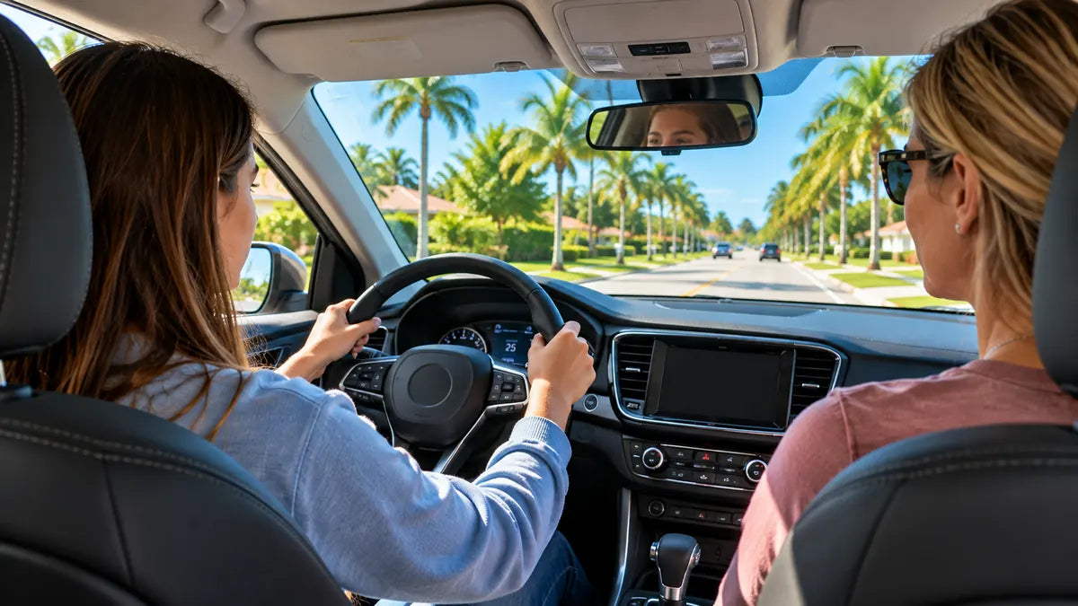 Florida student driver practicing with adult supervisor on a palm-lined neighborhood road