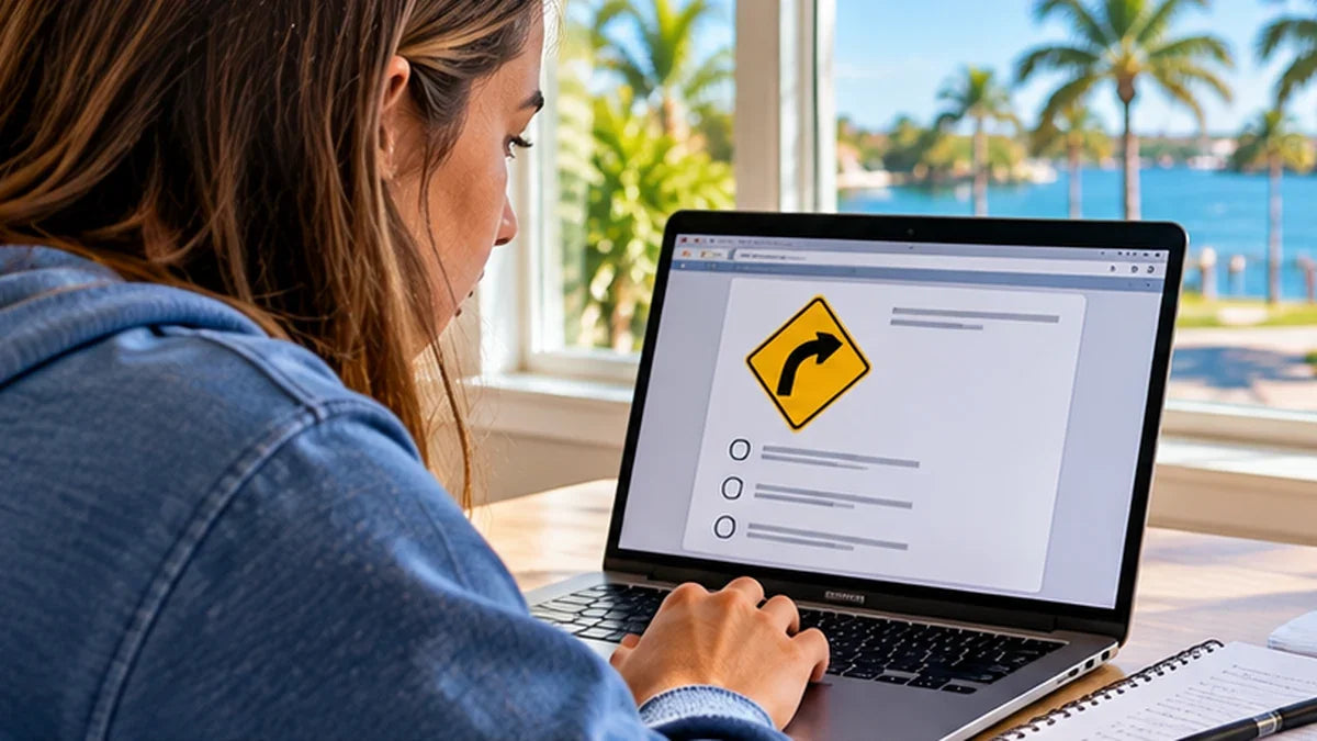 Florida learner studying written knowledge exam practice questions on a laptop beside road sign flashcards