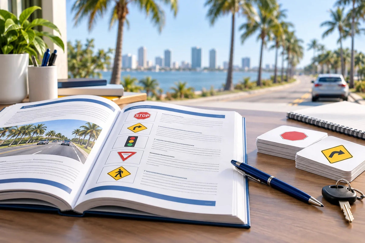 Florida driver's license written test preparation with handbook, road sign cards, and Florida roadway