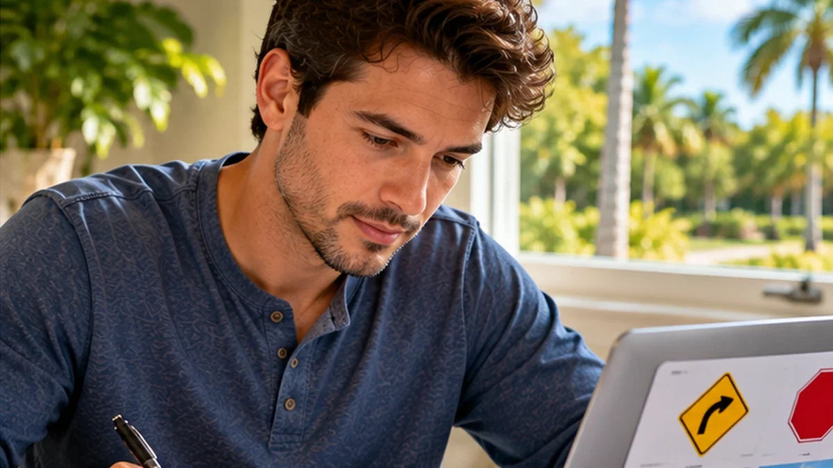 Adult preparing for a first Florida driver license with handbook and driving-rule notes