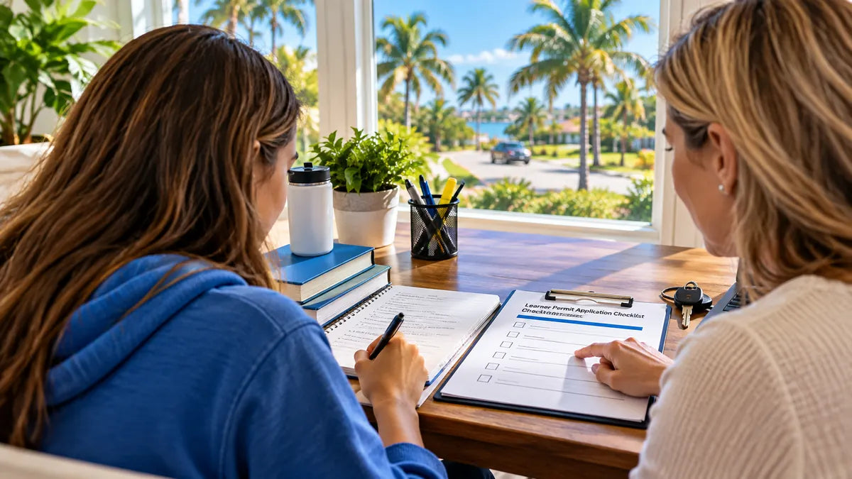Parent and teen reviewing Florida learner permit application checklist at a sunlit study table