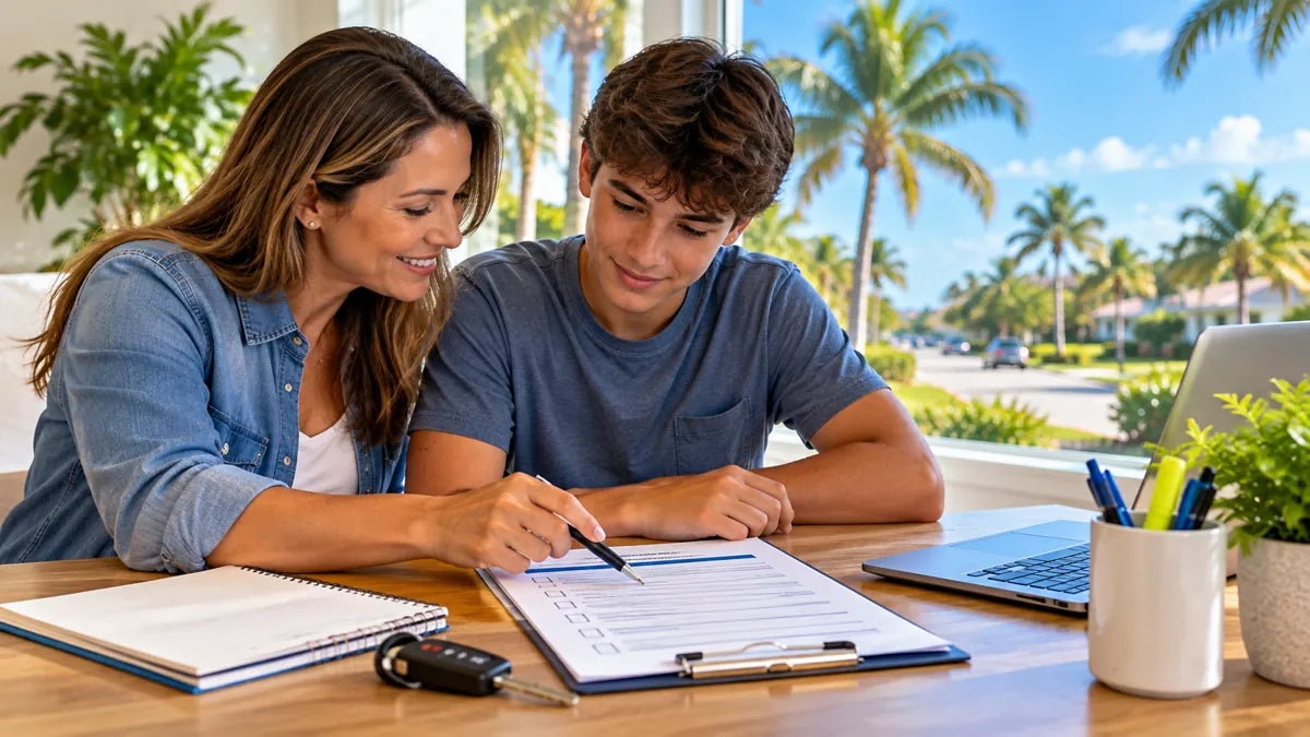 Florida parent and teen reviewing driver license application paperwork at a table