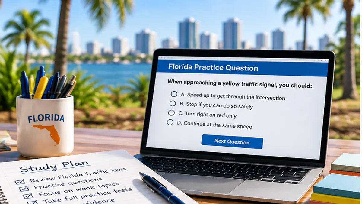 Laptop displaying Florida driving practice questions with study notes against a palm-lined Florida waterfront