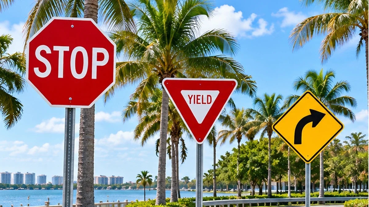 Florida roadway with stop, yield and warning signs beside palm trees