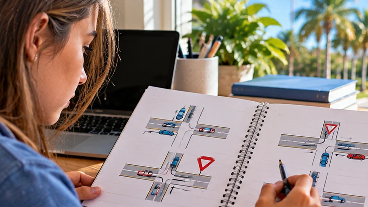 Florida learner examining intersection diagrams and right-of-way examples at a study desk