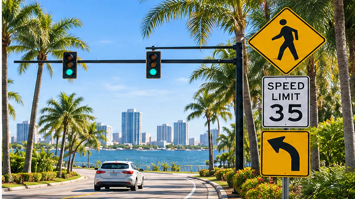 Florida palm-lined coastal roadway showing pedestrian crossing, speed limit, turn warning signs and traffic signals