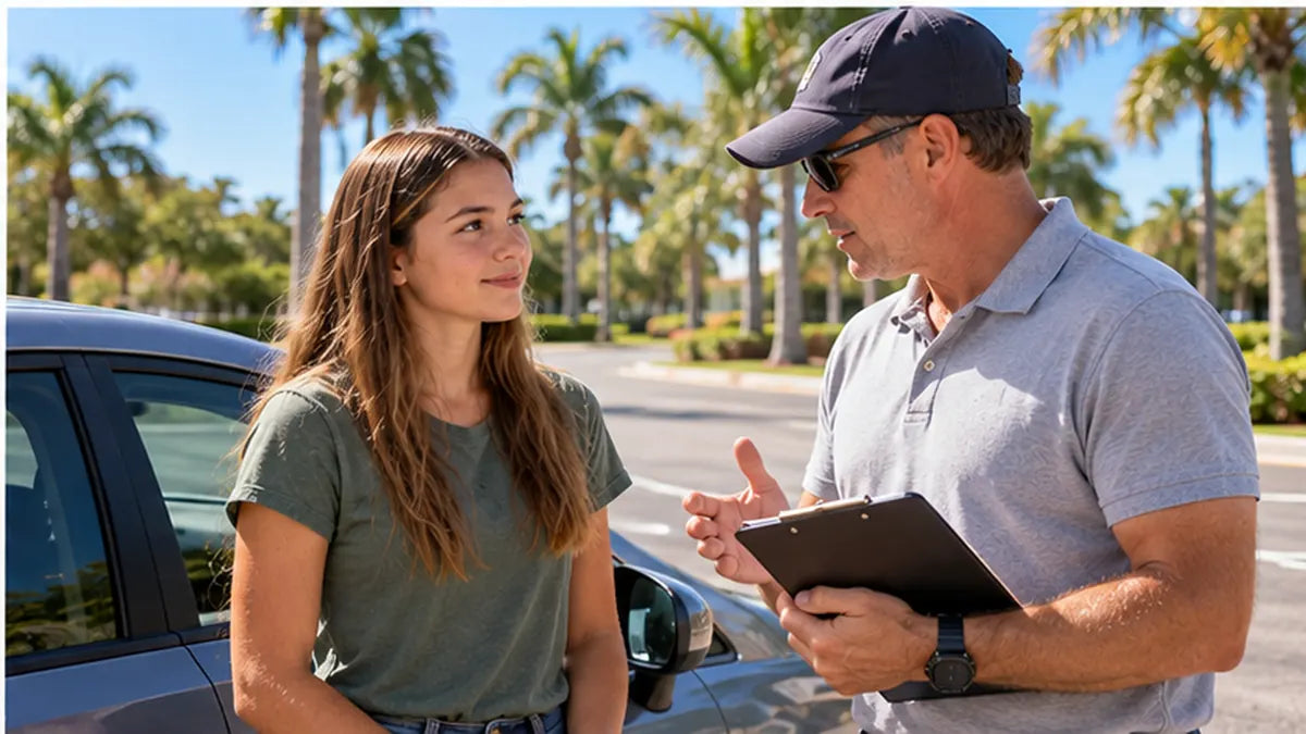 Young learner discussing driving test feedback with an adult instructor beside a vehicle
