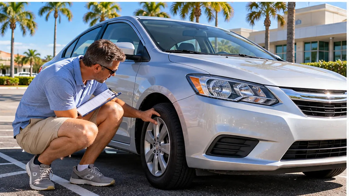 Adult checking car tire before a Florida driving skills test