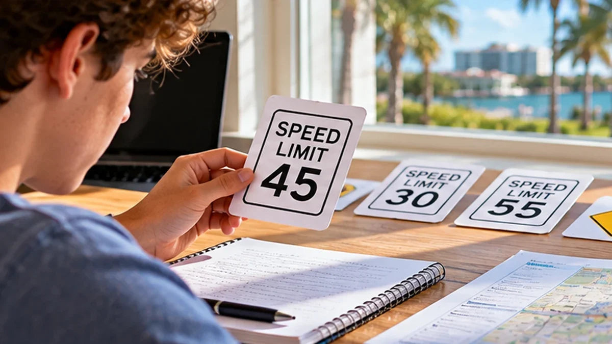 Student studying Florida speed limit signs and traffic rules with notebook and handbook