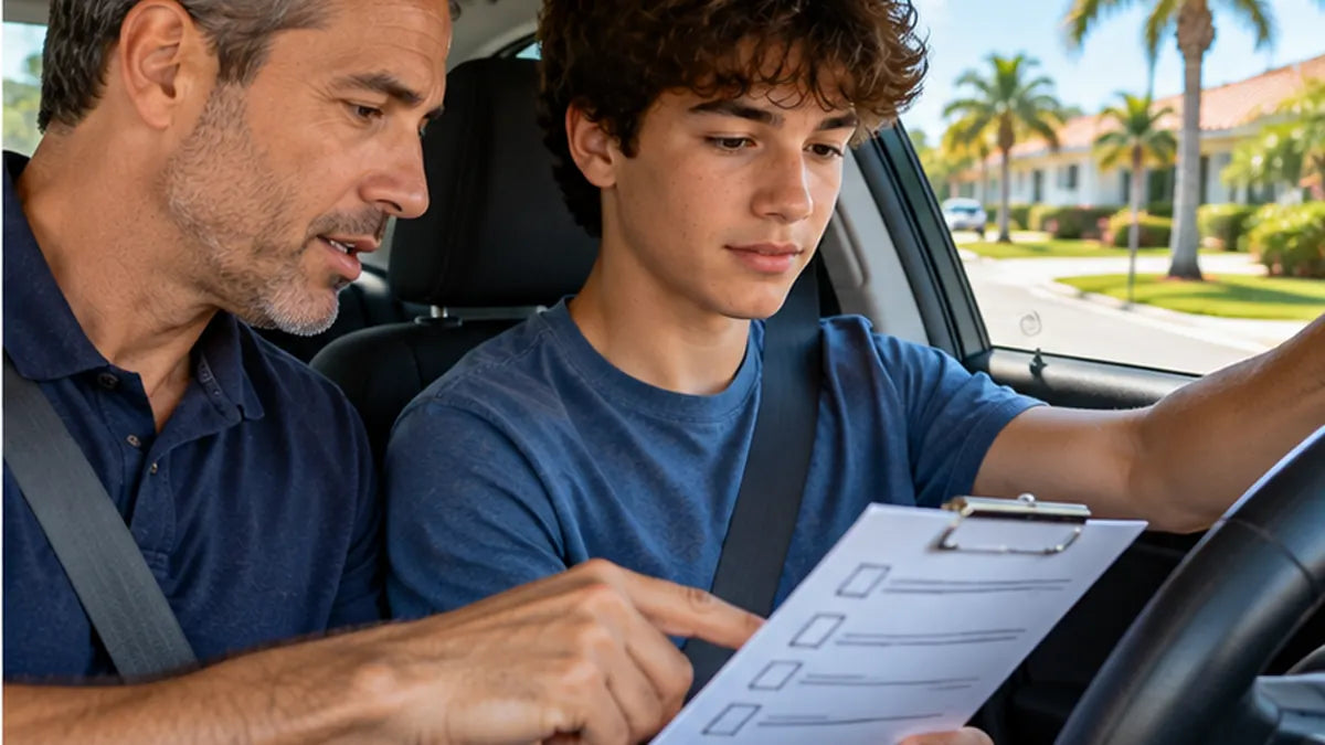 Florida teen and supervising adult reviewing driving practice requirements inside a parked car
