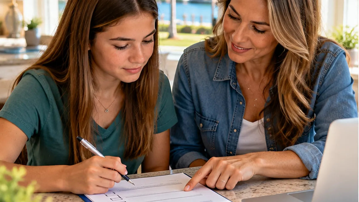 Florida teen and parent reviewing learner license application requirements at home