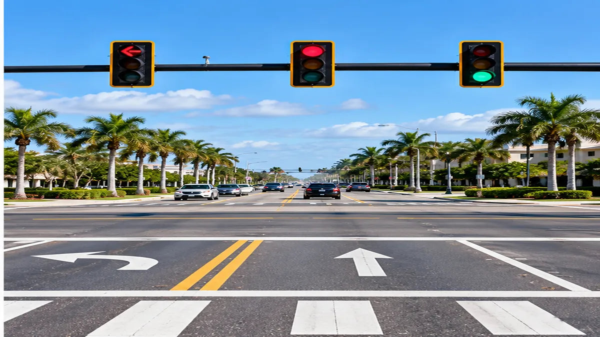 Florida intersection showing traffic signals, lane arrows and pedestrian crosswalk markings
