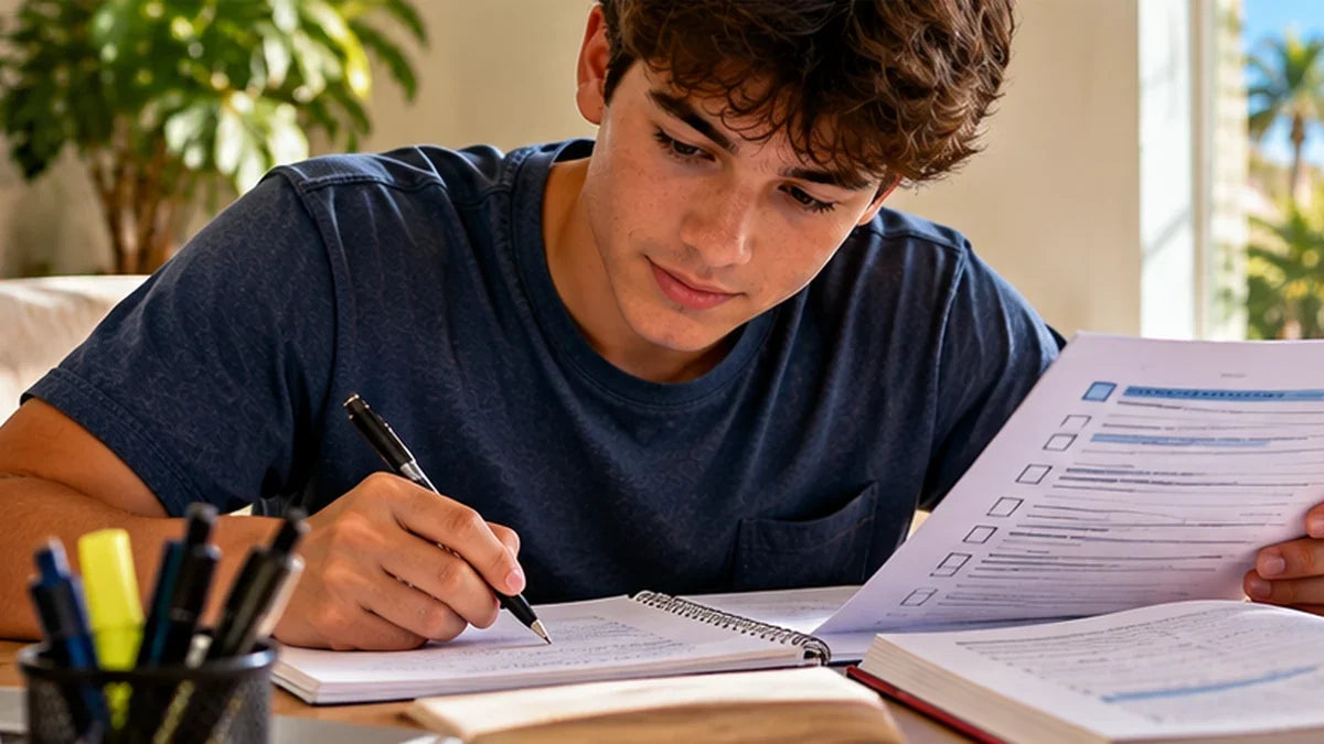 Florida student reviewing written driving test practice materials and study notes before retaking an exam